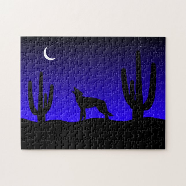 Puzzle Loup hurlant silhouette de nuit dans le désert (Horizontal)