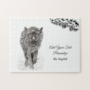 Puzzle Loup noir en colère dans la neige, hiver sauvage