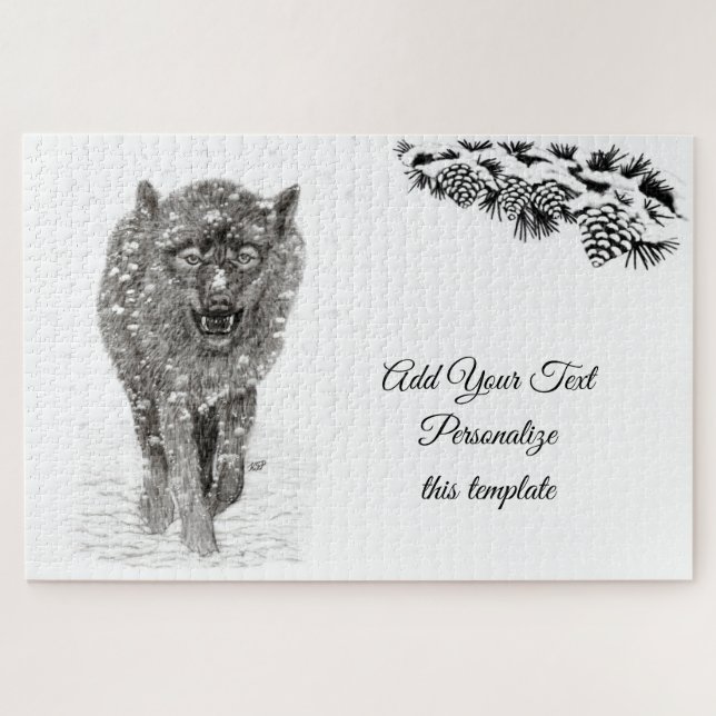 Puzzle Loup noir en colère dans la neige, hiver sauvage (Horizontal)