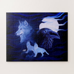 Puzzle Loups et corbeau avec pleine lune