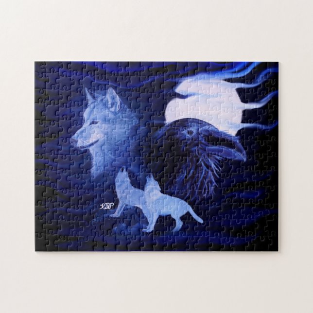 Puzzle Loups et corbeau avec pleine lune (Horizontal)