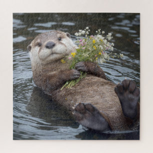 Puzzle Loutre flottant avec bouquet de fleurs sauvages