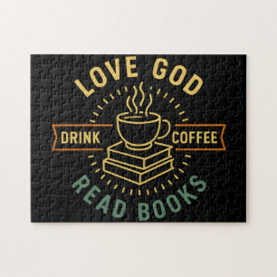 Puzzle Love God Drink Coffee Lire les livres Amateurs Vin