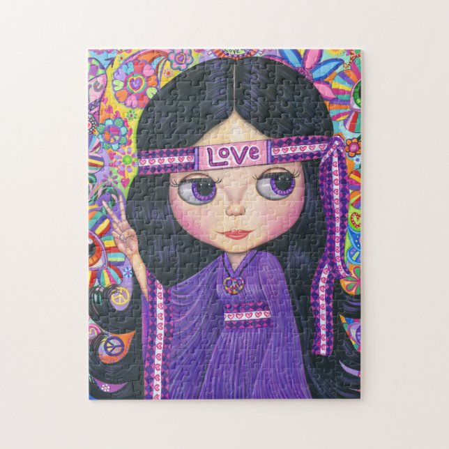Puzzle Love Hippie fille Paix Signal Gros yeux violet (Vertical)