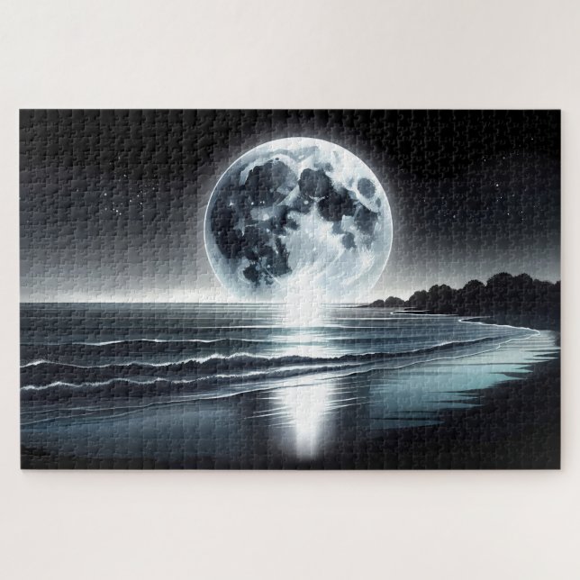Puzzle Lune Surréelle Sur La Tranquille Côte Océanique (Horizontal)