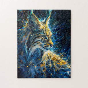 Puzzle lynx bobcat baigné de lumière néon jaune bleu