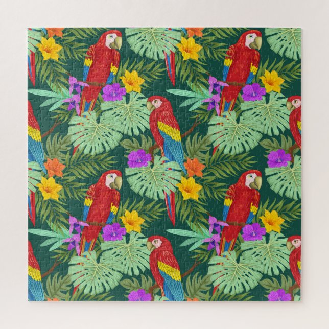 Puzzle Macaw, plantes tropicaux : motif sans soudure. (Vertical)