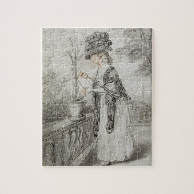 Puzzle Madame sur une terrasse tendant une usine (Vertical)