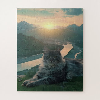 Puzzle Magnifique chat au coucher du soleil dans la vallé