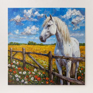 Puzzle Magnifique cheval blanc debout près d'une clôture