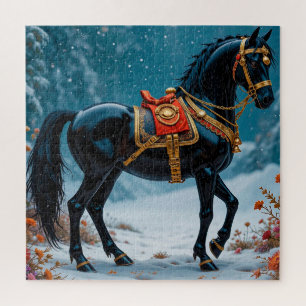 Puzzle Magnifique cheval noir orné de harnais doré