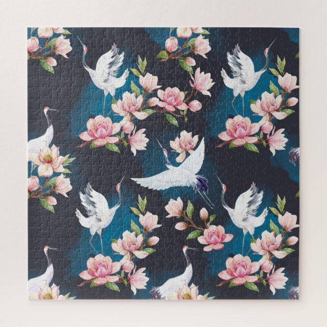 Puzzle Magnolia Grue Rouge : Aquarelle Japonaise. (Vertical)