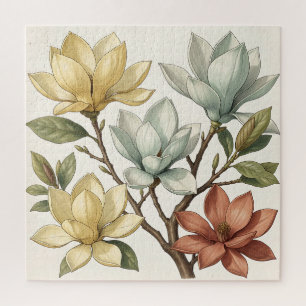 Puzzle Magnolias Élégants Fleuris Crème Jaune Terracotta