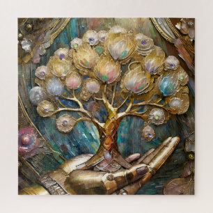 Puzzle Main Robot D'Or Tenant Arbre De Vie D'Or