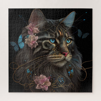 Puzzle Maine Coon chat avec papillon et fleurs IA art