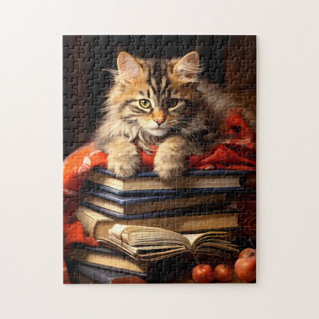 Puzzle Maine Coon Kitten Se détendre sur les livres (Vertical)
