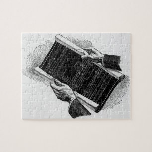 Puzzle Mains avec plans d'architecture bleus vintage