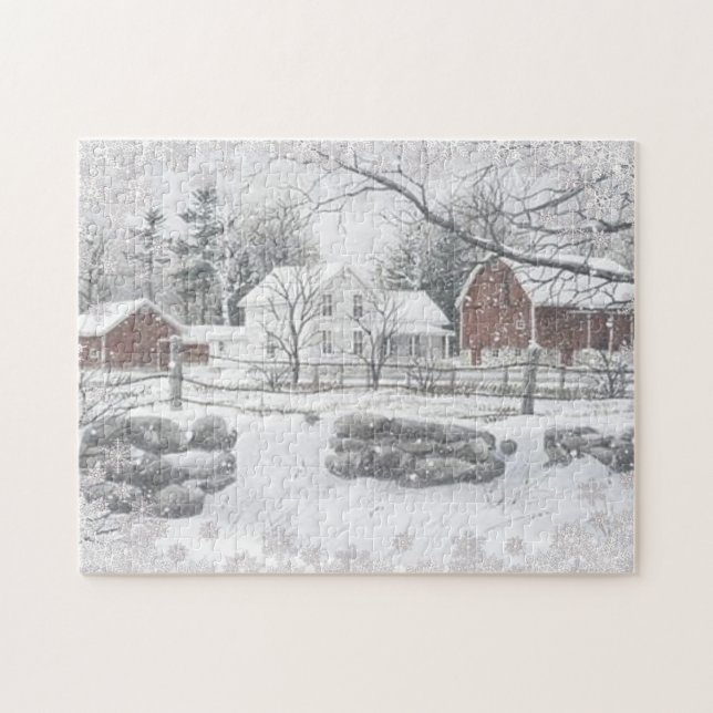 Puzzle Maison de la ferme Red Barne des neiges d'hiver (Horizontal)