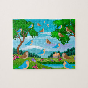 Puzzle Maison de paysage Arbres Oiseaux Fleurs Nature, Âg