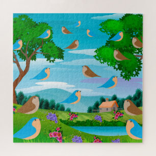 Puzzle Maison de paysage Arbres Oiseaux Fleurs Nature, Âg