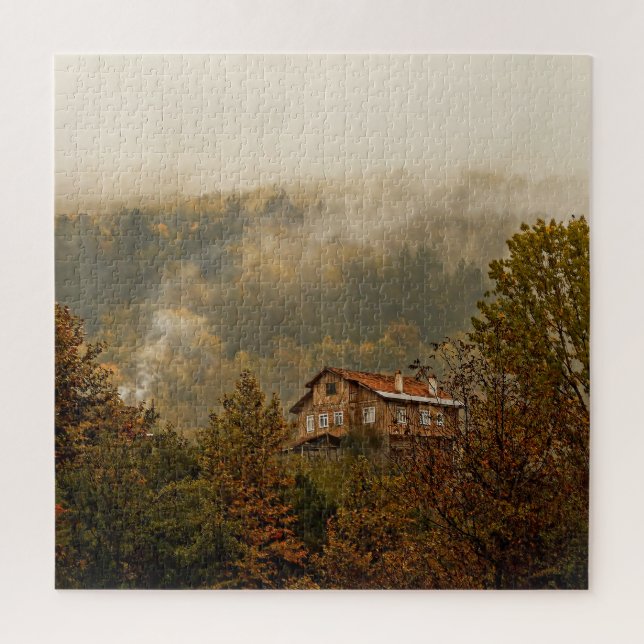 Puzzle Maison en bois de la forêt : Scène tranquille (Vertical)
