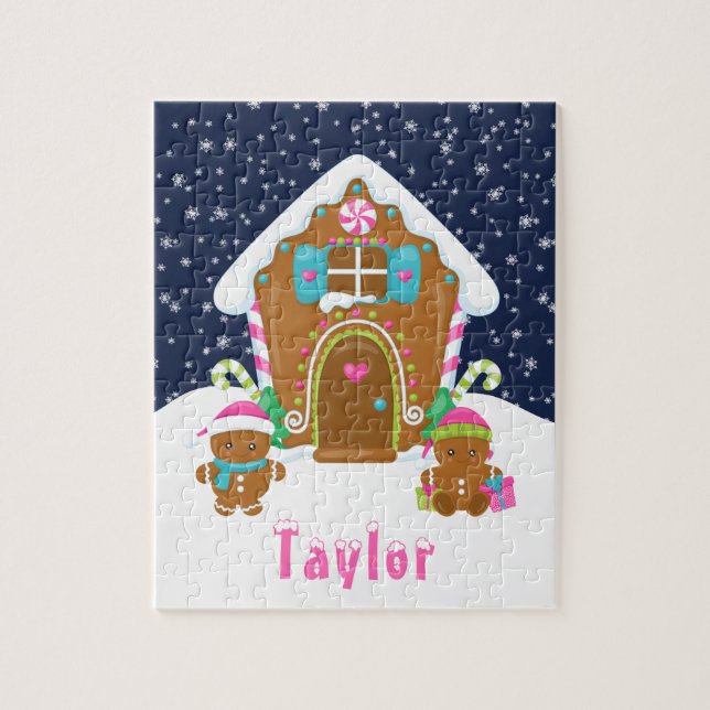 Puzzle Maison en pain d'épices de Noël rose et bleu marin (Vertical)