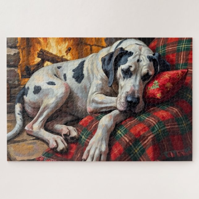 Puzzle Majestic Great Dane Asleep by Fireplace Cozy (Horizontal)