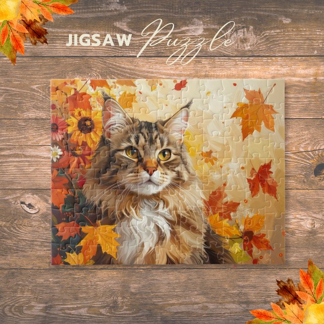 Puzzle Majestic Maine Coon with Fall Leaves and Sunflower (Majestic Maine Coon with Fall Leaves and Sunflower Jigsaw Puzzle)