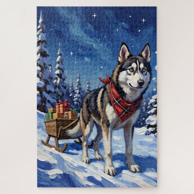 Puzzle Majestic Siberian Husky Pulling Christmas Sled (Vertical)