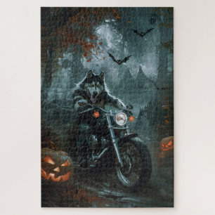 Puzzle Malamute d'Alaska à moto Halloween effrayant