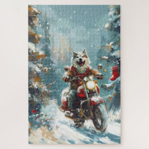 Puzzle Malamute d'Alaska à moto Noël 