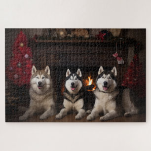 Puzzle Malamute d'Alaska au coin de la cheminée Noël