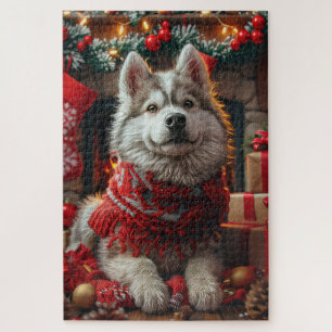 Puzzle Malamute d'Alaska avec cadeaux de Noël cheminée