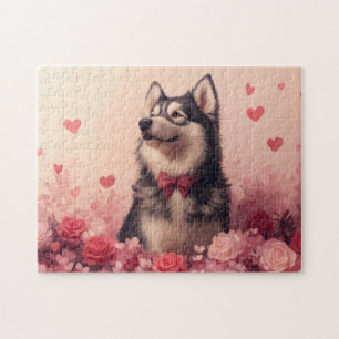 Puzzle Malamute d'Alaska avec des roses - Saint-Valentin 