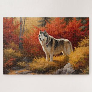 Puzzle Malamute d'Alaska dans les feuilles d'automne qui