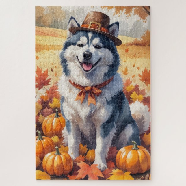 Puzzle Malamute d'Alaska en automne quitte Thanksgiving A (Vertical)