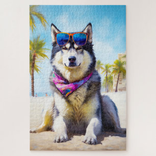 Puzzle Malamute d'Alaska sur la plage, cadeau d'été