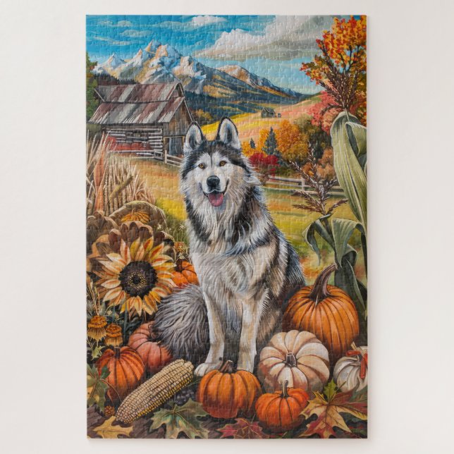 Puzzle Malamute de l'Alaska Récolte d'automne Thanksgivin (Vertical)