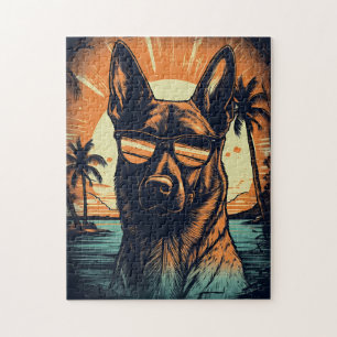 Puzzle Malinois belge à la plage tropicale au coucher du