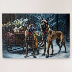 Puzzle Malinois Belge Traîneau enneigé Décor de Noël