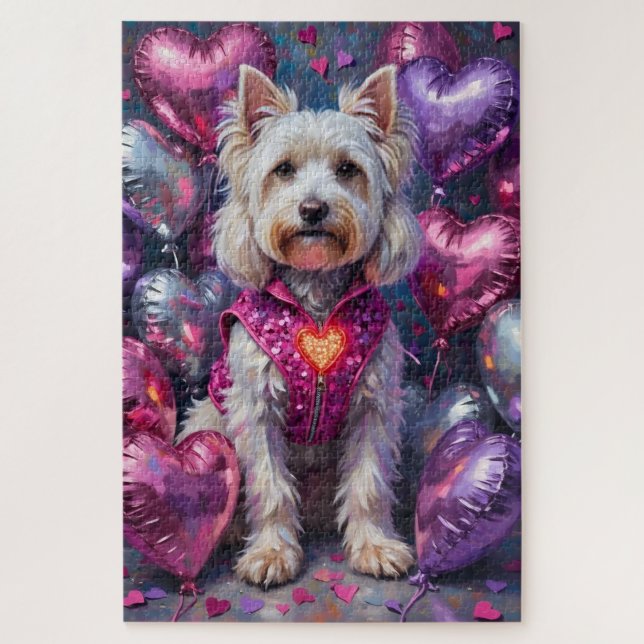 Puzzle Maltese Dog Valentine's Day Flashing Heart Vest (Vertical)