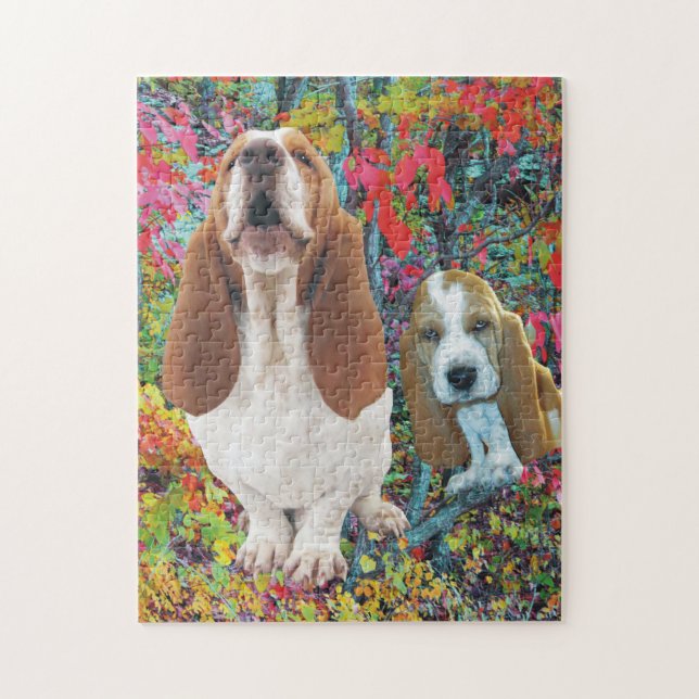 Puzzle Maman et chiot de Basset Hound en automne (Vertical)