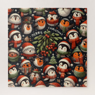 Puzzle Manchots de Noël sous le gui et rouges-gorges chan
