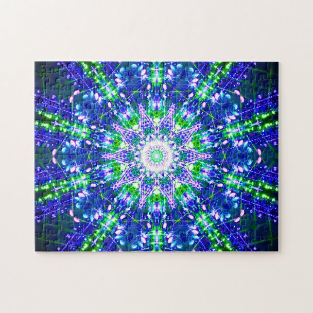 Puzzle Mandala bleu et vert kaléïdoscopique (Horizontal)