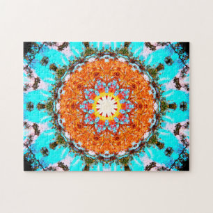 Puzzle Mandala en forme d'étoile bleu et orange lumineux