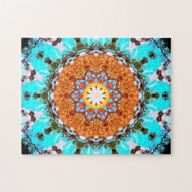 Puzzle Mandala en forme d'étoile bleu et orange lumineux (Horizontal)
