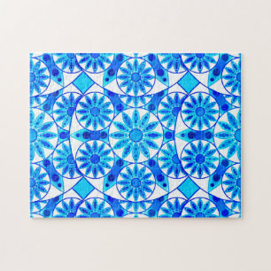 Puzzle Mandala Motif, Bleu de Cobalt, Turquoise et Blanc
