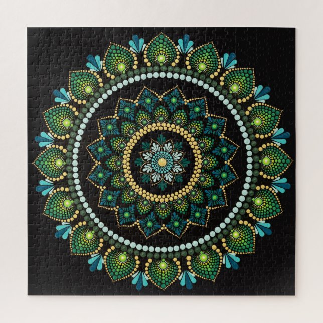 Puzzle Mandala vert | Peint main | Géométrie sacrée (Vertical)