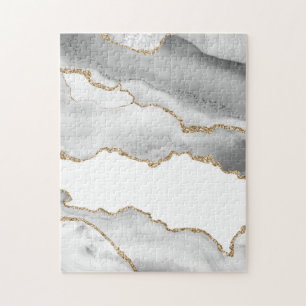 Puzzle Marbre Blanc Grisé Agate Raffiné Paillettes Dorées