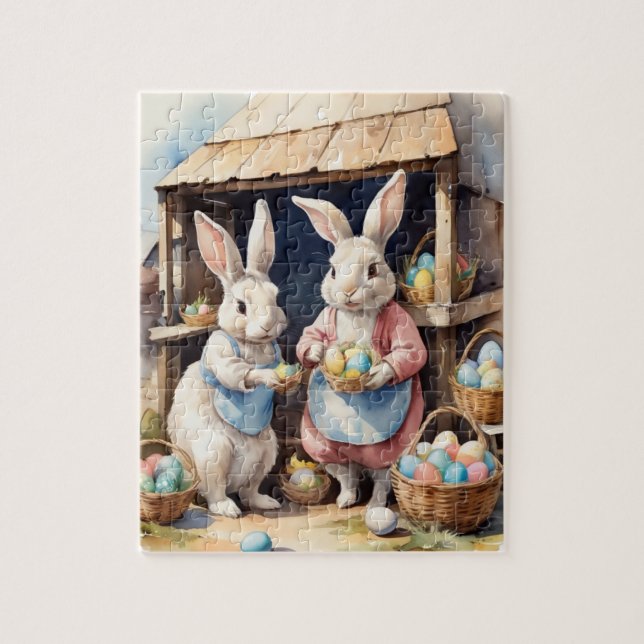 Puzzle Marché aux oeufs de Pâques de lapin d'aquarelle ré (Vertical)
